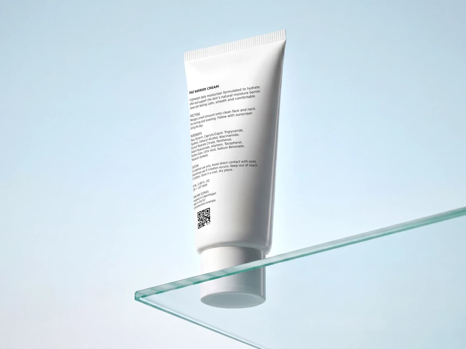 White skincare tube with product information and a printed QR code